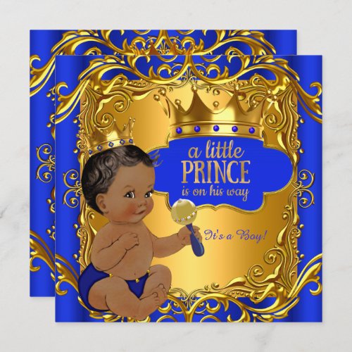 Royal Prince Baby Shower Blue Gold Rattle Ethnic Invitation