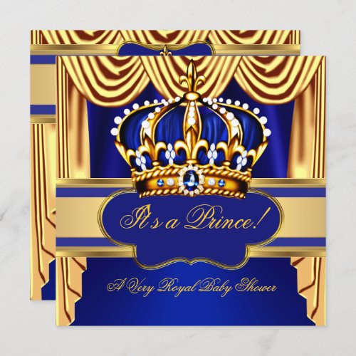 Royal Prince Baby Shower Blue Gold Silk Drapes Invitation