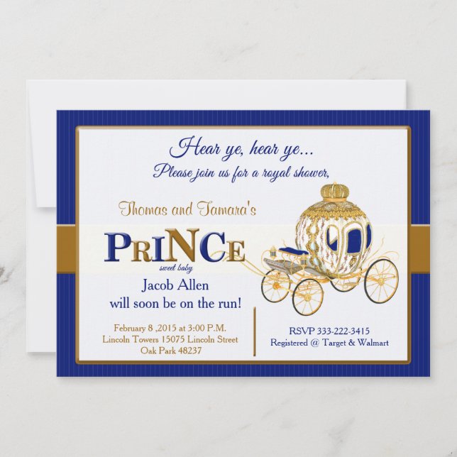 Royal Prince baby shower invitation in blue & gold (Front)