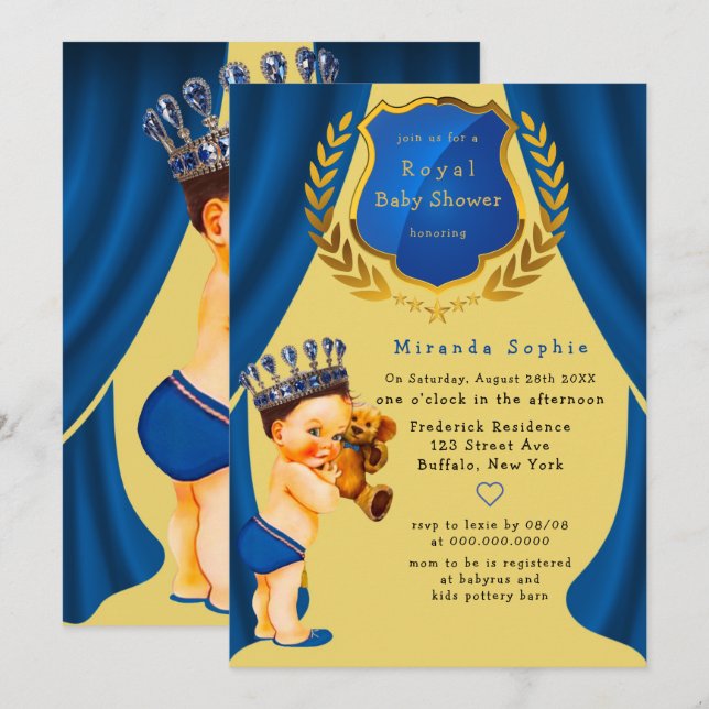 Royal Prince Blue and Gold Baby Shower Invitation (Front/Back)