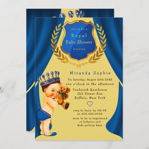 Royal Prince Blue and Gold Baby Shower Invitation