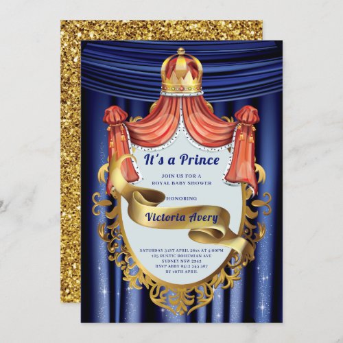 Royal Prince Blue Gold Baby Shower Invitation