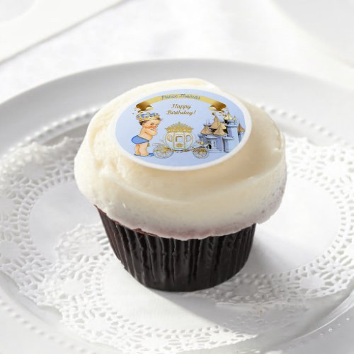 Royal Prince Castle Carriage Blue Gold Boy Edible Frosting Rounds