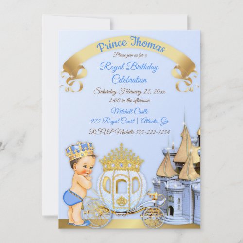 Royal Prince Castle Carriage Blue Gold Boy Invitation