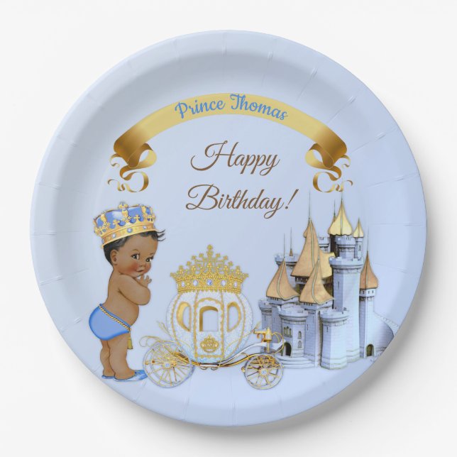 Royal Prince Castle Carriage Blue Gold Boy Paper Plates (Front)