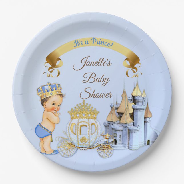 Royal Prince Castle Carriage Blue Gold Boy Paper Plates (Front)