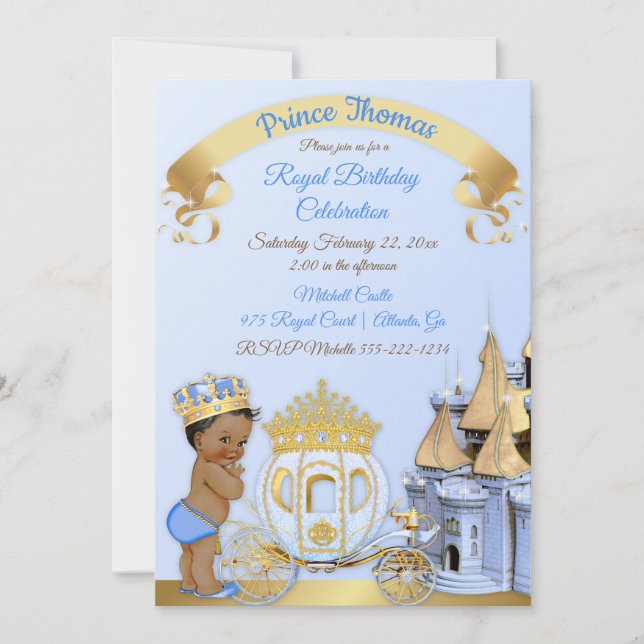 Royal Prince Castle Carriage Blue Gold Boy Photo Invitation (Front)