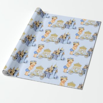 Royal Prince Castle Carriage Blue Gold Boy Wrapping Paper by nawnibelles at Zazzle