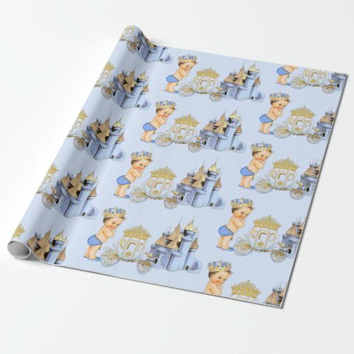 Royal Prince Castle Carriage Blue Gold Boy Wrapping Paper