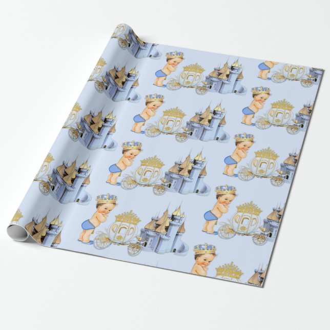 Royal Prince Castle Carriage Blue Gold Boy Wrapping Paper (Unrolled)