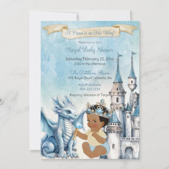 Royal Prince Castle Dragon Crown Blue Gold Boy Invitation (Front)