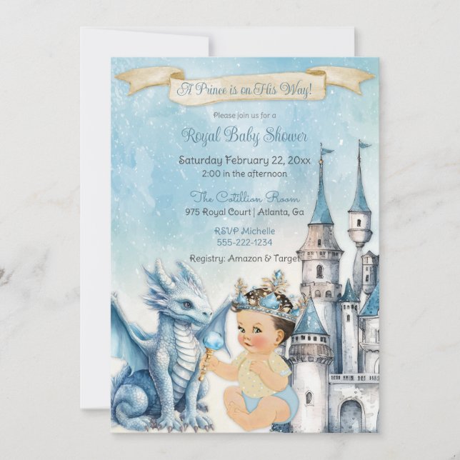 Royal Prince Castle Dragon Crown Blue Gold Boy Invitation (Front)