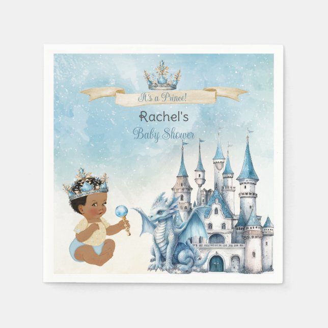 Royal Prince Castle Dragon Crown Blue Gold Boy Napkins (Front)