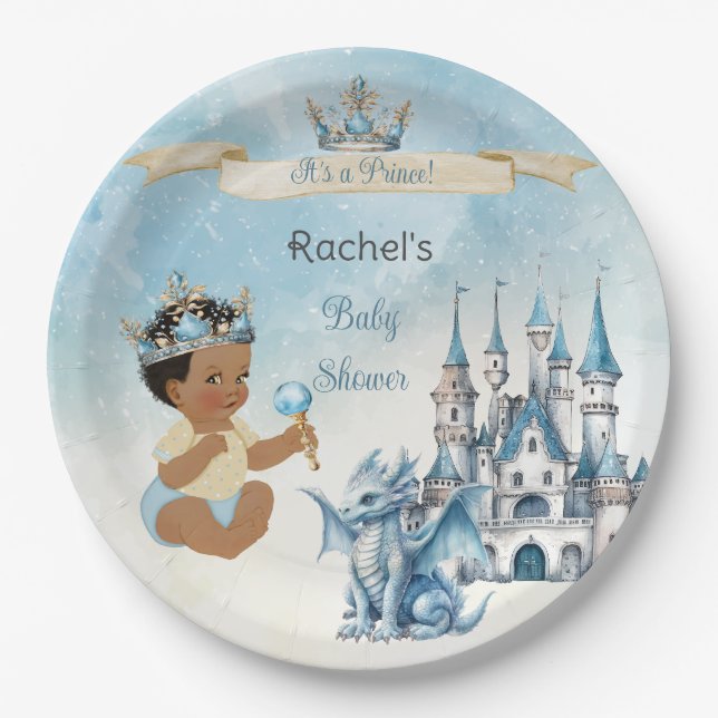 Royal Prince Castle Dragon Crown Blue Gold Boy Paper Plates (Front)