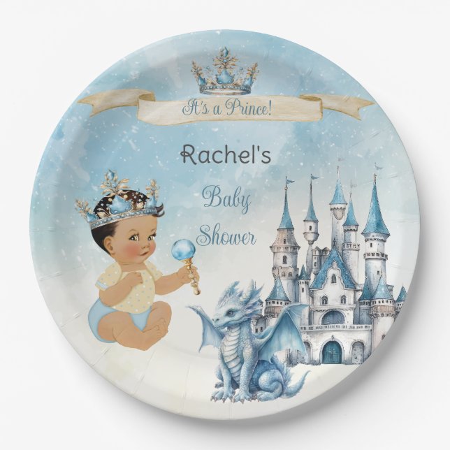 Royal Prince Castle Dragon Crown Blue Gold Boy Paper Plates (Front)