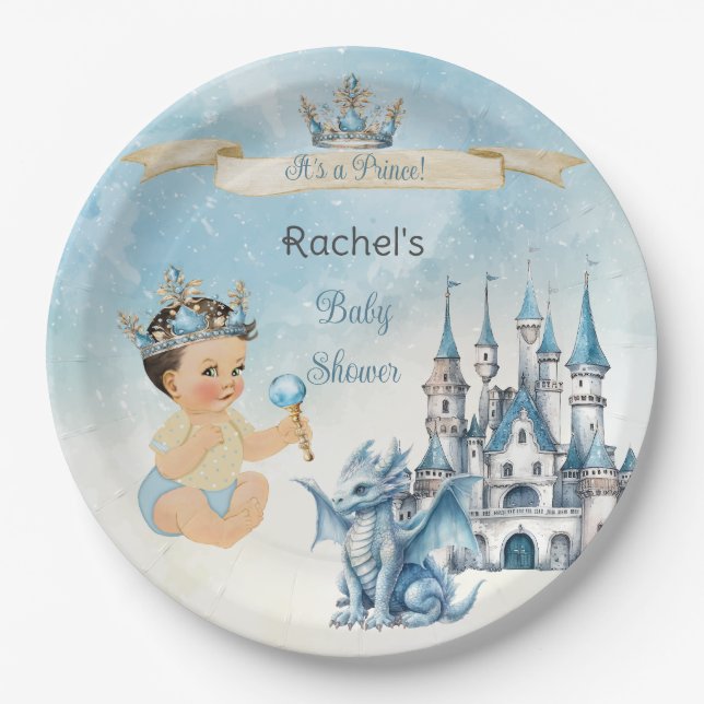 Royal Prince Castle Dragon Crown Blue Gold Boy Paper Plates (Front)