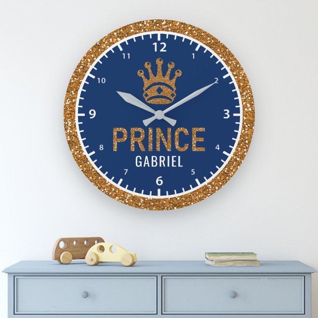 Royal Prince Faux Gold Glitter Crown Boys Room Large Clock (Creator Uploaded)