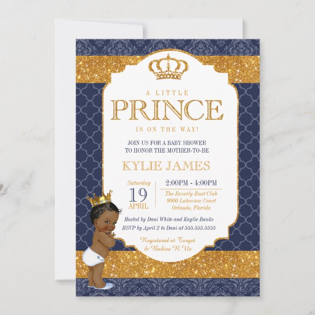 Royal Prince Navy Blue Gold White Baby Shower 2 Invitation (Front)