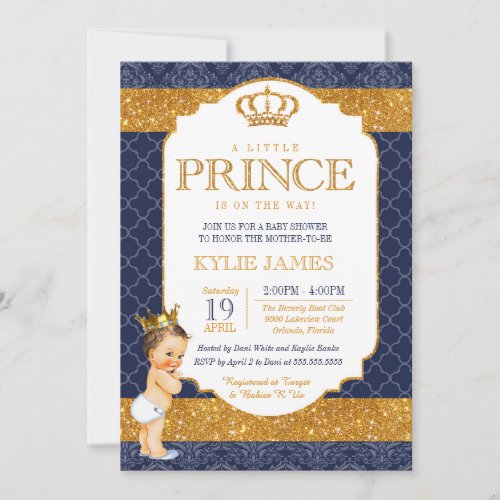 Royal Prince Navy Blue Gold White Baby Shower Invitation