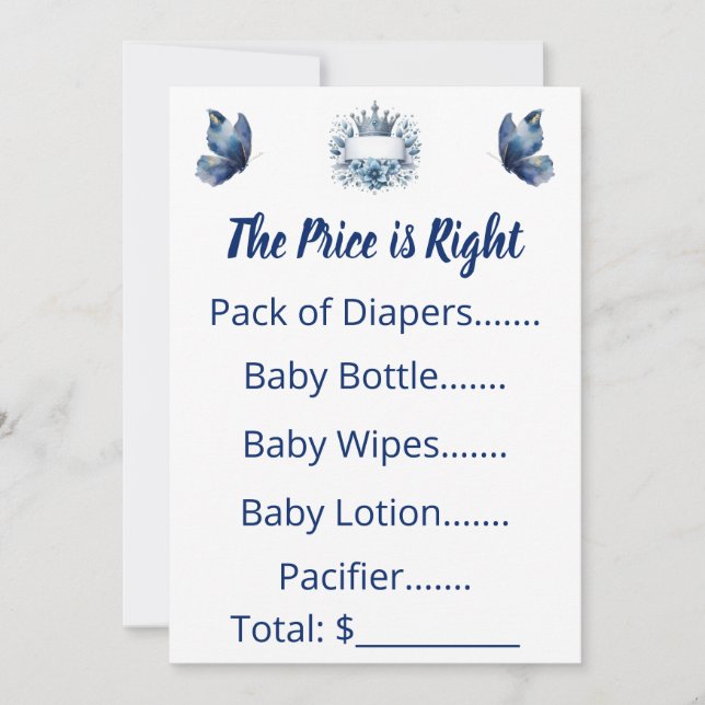 Royal Prince Price is Right Game Card (Front)