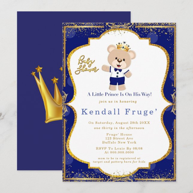 Royal Prince Teddy Bear Baby Boy Shower Invitation (Front/Back)