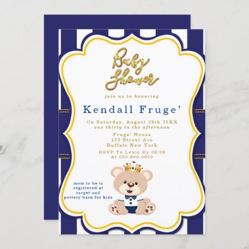 Royal Prince Teddy Bear Baby Shower Invitations 