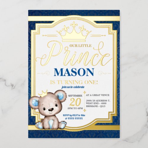 Royal Prince Teddy Bear Birthday  Foil Invitation