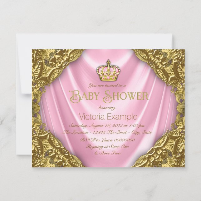 Royal Princess Baby Shower Pink Satin and Gold Invitation (Back)