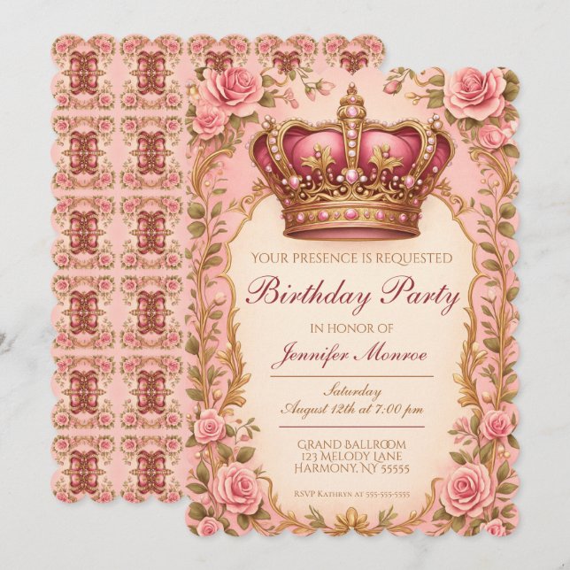 Royal Princess Birthday Party Crown Ornate Invitation (Front/Back)