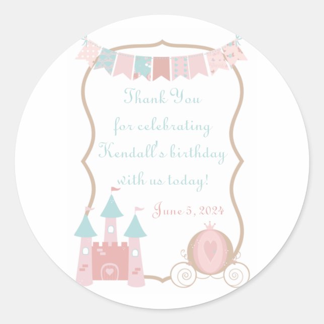 Royal Princess Birthday Party Favor Thank You Classic Round Sticker (Front)