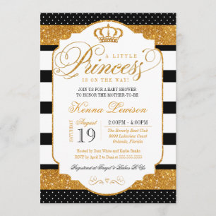 Royal Princess Black White Stripe Gold Baby Shower Invitation