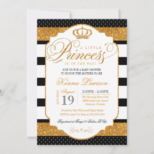 Royal Princess Black White Stripe Gold Baby Shower Invitation