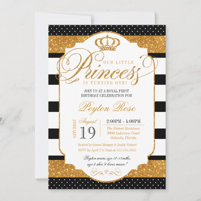 Royal Princess Black White Stripe Gold Birthday Invitation (Front)