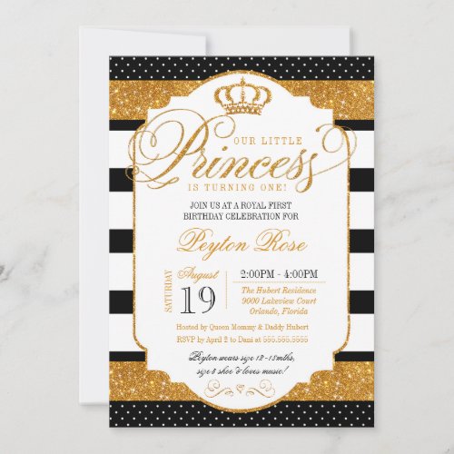 Royal Princess Black White Stripe Gold Birthday Invitation