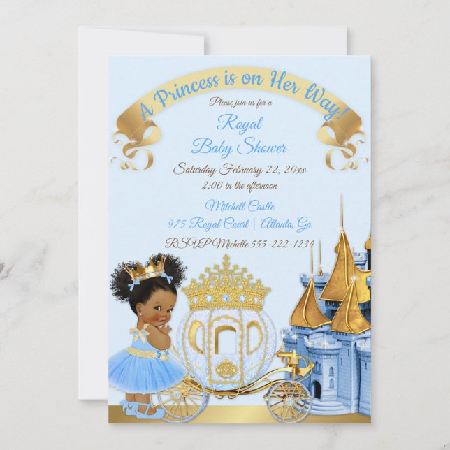 Royal Princess Castle Carriage Blue Gold Girl Invitation (Front)
