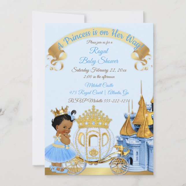 Royal Princess Castle Carriage Blue Gold Girl Invitation (Front)