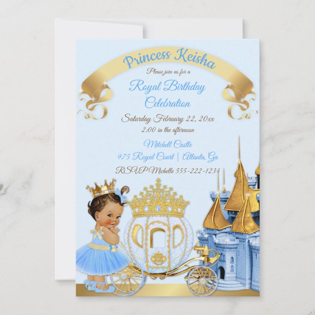 Royal Princess Castle Carriage Blue Gold Girl Invitation (Front)
