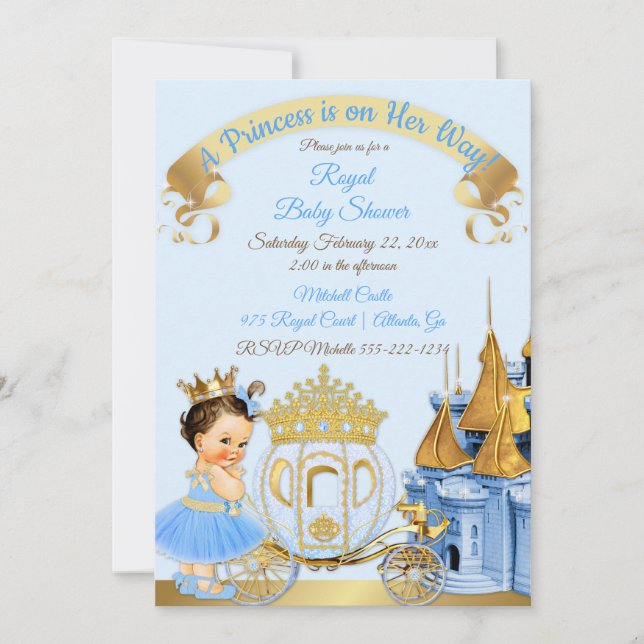 Royal Princess Castle Carriage Blue Gold Girl Invitation (Front)