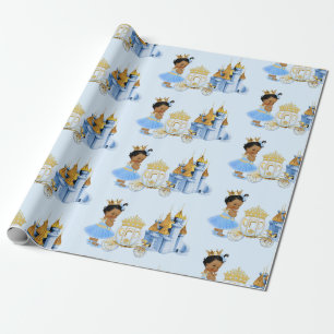 Royal Princess Castle Carriage Blue Gold Girl Wrapping Paper