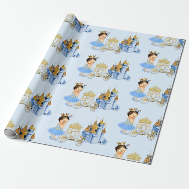 Royal Princess Castle Carriage Blue Gold Girl Wrapping Paper (Unrolled)