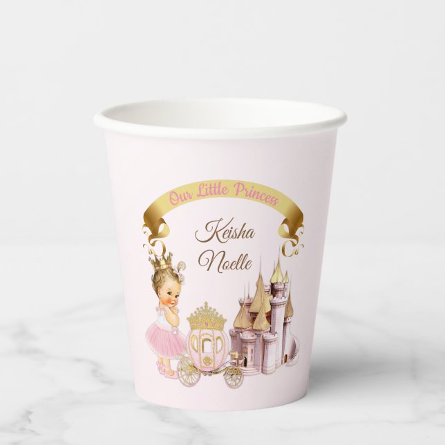 Royal Princess Castle Carriage Pink Gold Girl Paper Cups (Front)