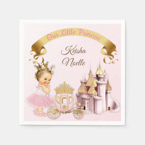 Royal Princess Castle Carriage Pink Gold Girl Paper Napkins