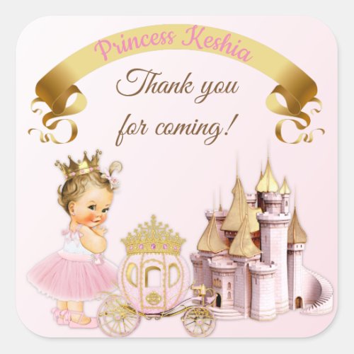 Royal Princess Castle Carriage Pink Gold Girl Square Sticker