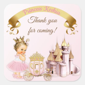 Royal Princess Castle Carriage Pink Gold Girl Square Sticker by nawnibelles at Zazzle