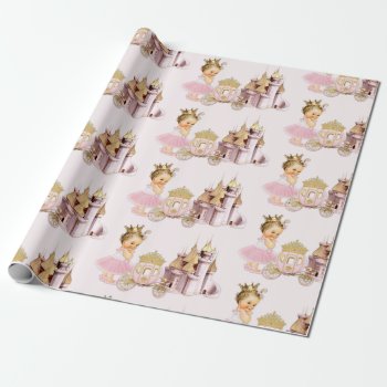 Royal Princess Castle Carriage Pink Gold Girl Wrapping Paper by nawnibelles at Zazzle