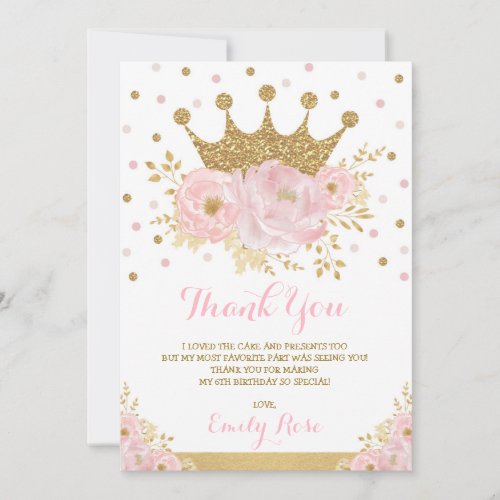 Royal Princess Crown Blush Pink Gold Birthday Thank You Card