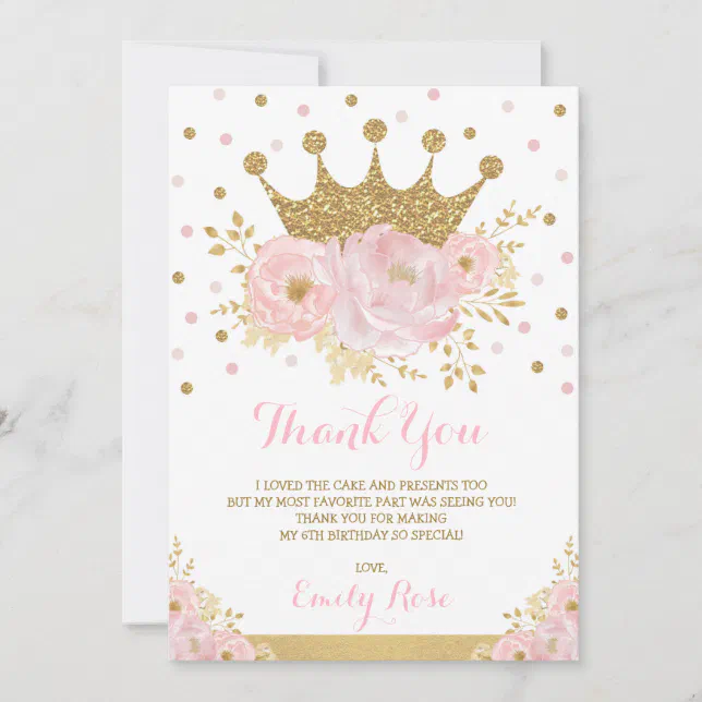 Royal Princess Crown Blush Pink Gold Birthday Thank You Card | Zazzle