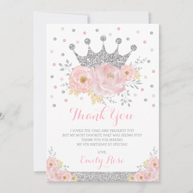Royal Princess Crown Blush Pink Silver Birthday Thank You Card (Front)