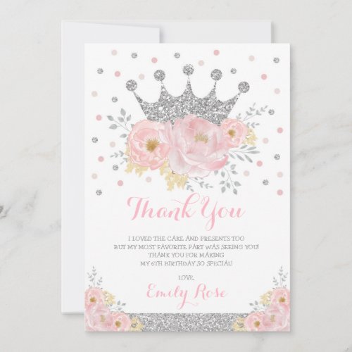 Royal Princess Crown Blush Pink Silver Birthday Thank You Card