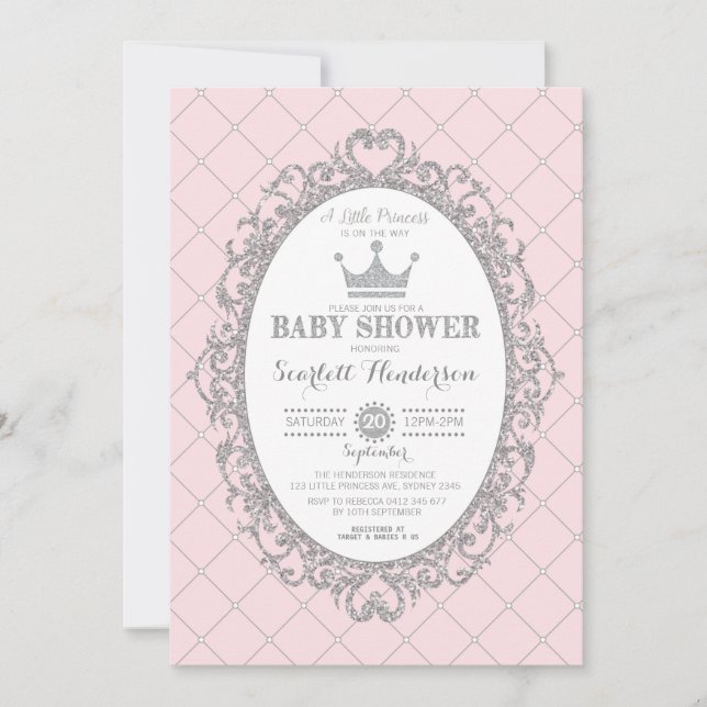 Royal Princess Crown Pink Silver Baby Shower Invitation (Front)